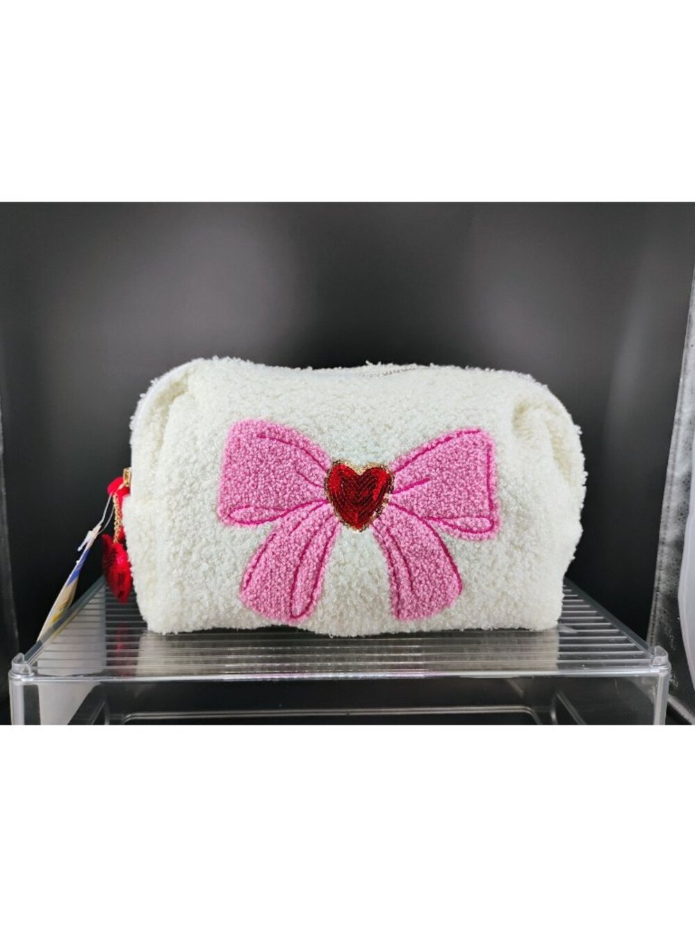 Soft White Textured Zipper Pouch With Pink Bow & Heart Accent